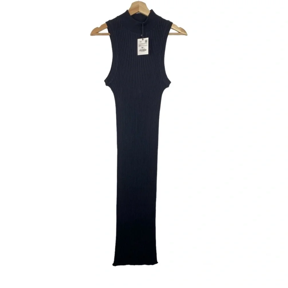 ZARA NWT Form Fitting Mock Neck Rib Knit Midi Dress, Black, Size XS-S - Picture 3 of 11